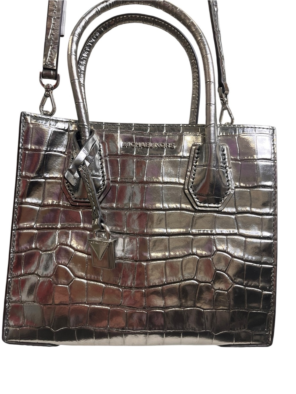Michael Kors Mercer Gunmetal Metallic Croc Embossed Leather Crossbody Bag NWOT - Picture 1 of 14